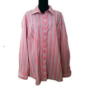 Foxcroft Wrinkle Free Shaped Fit Button Up Striped Blouse 20W Pink Multicolor